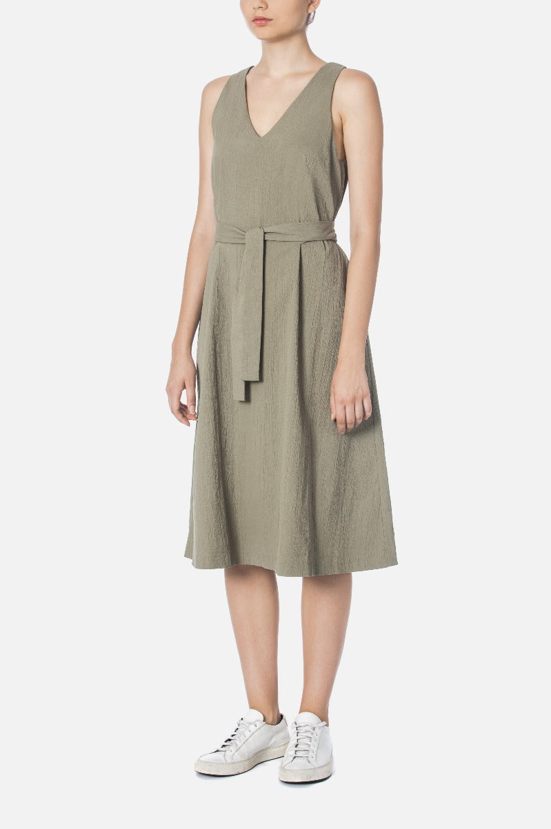 BELTED V NECK DRESS
