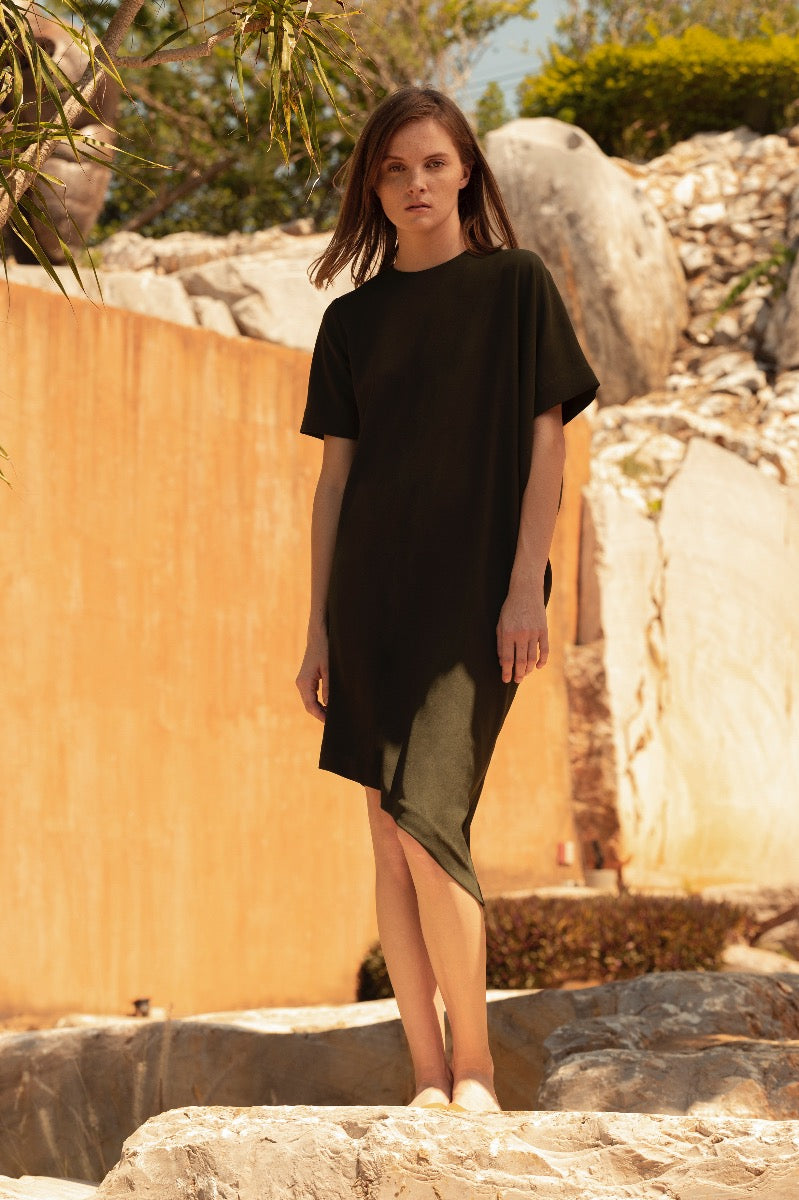 SLANT HEM CREPE DRESS